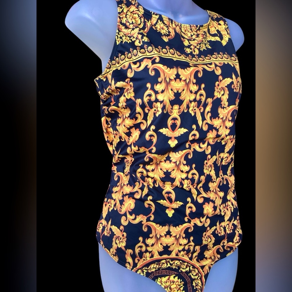 Elegant Black & Gold Rococo Print One Piece Swimsuit (S3) - Picture 2 of 11